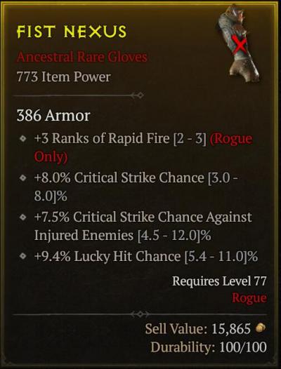 +3 Ranks of Rapid Fire +8.0% Critical Strike Chance +9.4% Lucky Hit Chance