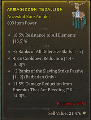756 Ancestral Rare Amulet，12.0% Fury Cost Reduction，+2 Ranks of All Defensive Skills