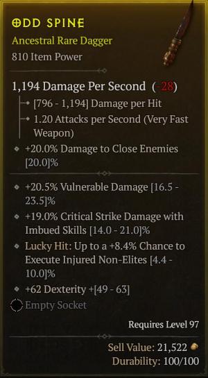 810 Item Power +20.5% Vulnerable Damage +19.0% Critical Strike Damage withImbued Skills